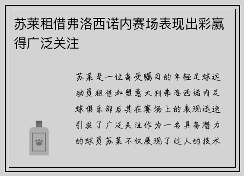 苏莱租借弗洛西诺内赛场表现出彩赢得广泛关注